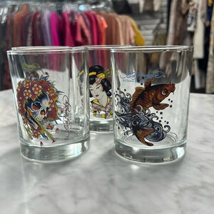 Ed Hardy | Set of 4 Tattoo Design Glasses High Ball Cocktail Glasses Juice